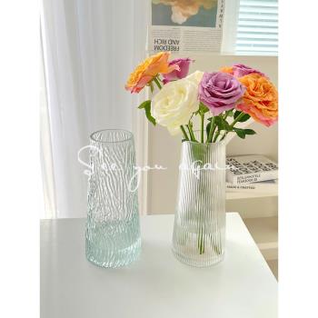 法式浮雕復古ins風簡約花瓶玻璃透明客廳水培插花瓶餐桌裝飾擺件