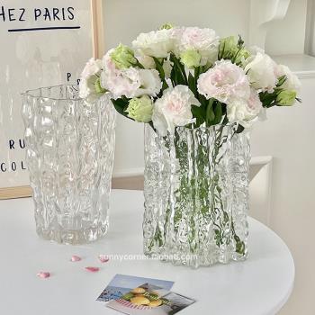 ins風冰川玻璃透明花瓶簡約現代高級感插花水養客廳餐桌裝飾擺件