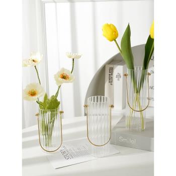 豎條紋透明玻璃花瓶ins風北歐 輕奢餐廳桌面居家裝飾擺件客廳插花