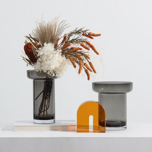 簡約創意灰色透明玻璃花瓶擺件輕奢高檔餐桌客廳插花樣板間軟裝