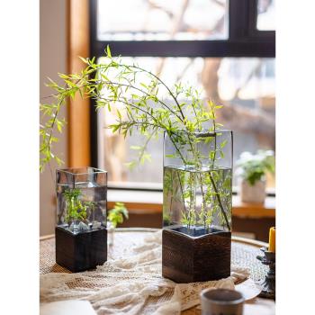 掬涵方口木託玻璃花瓶擺件透明水養鮮花乾花客廳餐桌插花裝飾花器