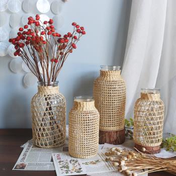 北歐INS手工草編玻璃干花瓶日系創意花瓶可水養植物家居裝飾擺件