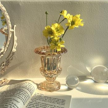 ins韓風復古高腳透明玻璃花瓶桌面裝飾擺件插花干花琥珀花瓶