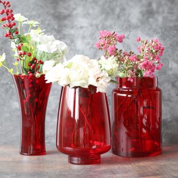 現代簡約大紅色玻璃花瓶水培鮮花大口徑輕奢客廳插花擺件新婚裝飾