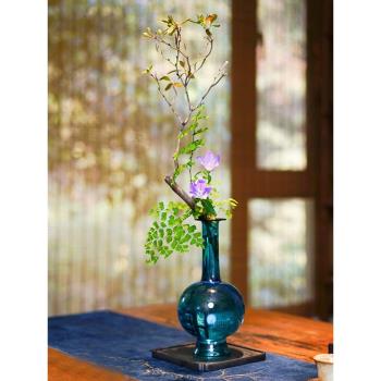 孔雀藍新中式簡約玻璃花瓶禪意琉璃花器插花凈瓶家居歐式裝飾擺件