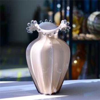 水滴浪花瓶口葡萄粉立體條紋波浪玫瑰百合手工玻璃花瓶插花器擺件