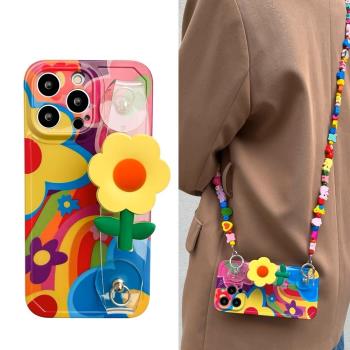 塗鴉彩色透明腕帶三星s23/S22Ultra手機殼s21/s20/s10+積木鏈條note20/10/9斜挎A52/a53掛繩軟殼潮適用女小眾