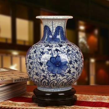 景德鎮陶瓷器 手繪仿古青花裂紋釉花卉花瓶 現代中式古典工藝擺件