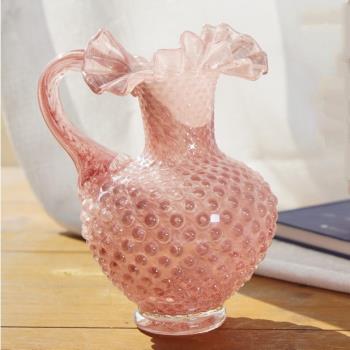 中古vintage芬頓粉色褶皺花邊口珠點手工琉璃花瓶單耳手柄插花器