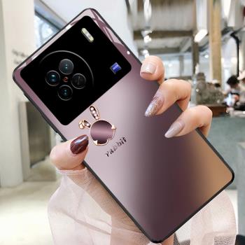 適用于vivox90手機殼紫色金屬兔高檔時尚輕奢網紅女玻璃硬殼Xnote/x80/x70pro+/x60曲屏版保護套全包防摔新款
