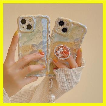 帶支架新款油畫花適用iphone14手機殼蘋果13promax女款11帶掛繩12pro網紅爆款14pro個性全包防摔矽膠軟套ins
