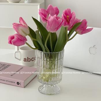 Yoona Home法式復古輕奢浮雕刻花透明高腳玻璃花瓶鮮花插花器