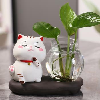 創意花瓶招財貓客廳插花裝飾品透明玻璃器皿水養植物綠蘿水培花器