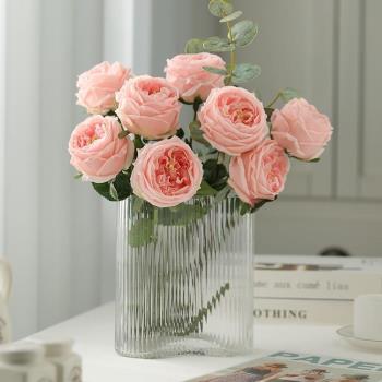 ins風透明花瓶擺件客廳插花水養鮮花網紅仿真玫瑰花假花高級感