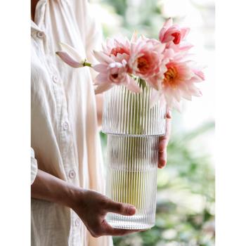 網紅豎紋玻璃花瓶插花干鮮花水培養ins北歐創意客廳桌面擺件透明