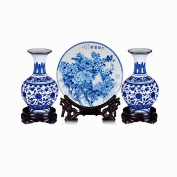 青花瓷花瓶擺件三件套盤子景德鎮陶瓷器中式博古架電視柜仿古瓷瓶