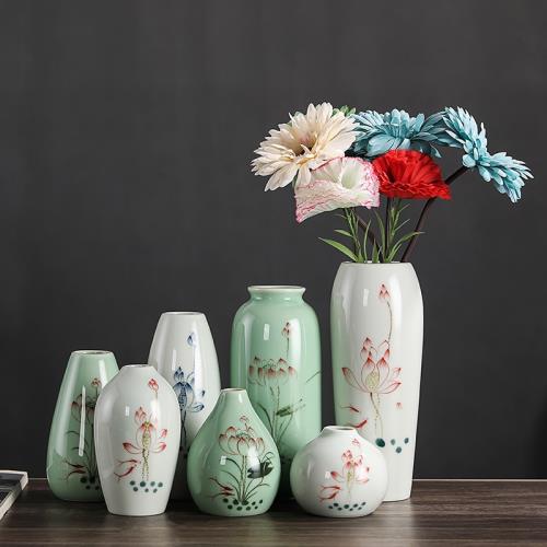全球購中式復古青瓷陶瓷花瓶客廳禮佛裝飾桌面插花水培書房手繪荷花花瓶