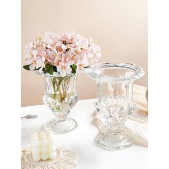 法式創意高腳花瓶復古浮雕透明玻璃花瓶水養水培鮮花客廳餐桌擺件