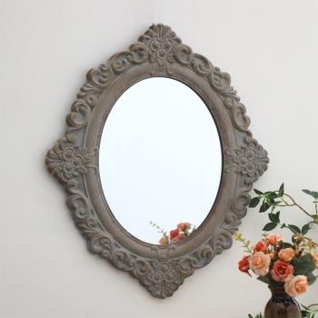 美式法式復古木質雕花橢圓形掛鏡化妝鏡軟裝臥室鏡浴室鏡子裝飾鏡
