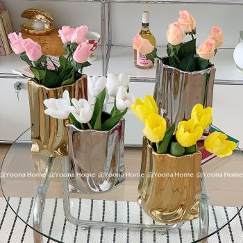 YoonaHome陶瓷布袋花瓶簡約現代擺件客廳插花仿真花花器水培鮮花
