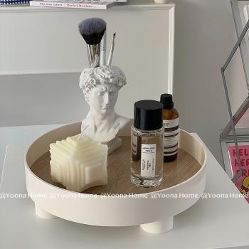 Yoona ins木質圓形桌面收納盤臥室化妝品收納盒拍照道具