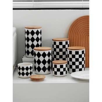 棋盤格咖啡豆陶瓷儲物罐咖啡茶葉廚房五谷收納密封罐食品級茶葉罐