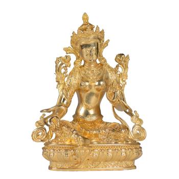 歐斯特 銅鎏金3寸綠度母中式擺件西藏銅鎏金雕花居家客廳銅像擺件