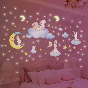 夜光墻貼紙兒童臥室裝飾布置房間女孩床頭貼畫背景墻面墻壁3D立體