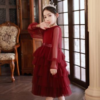 小主持人禮服女童鋼琴演奏公主裙兒童畢業班演出服紅色表演蓬蓬裙
