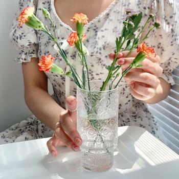 海棠花浮雕花瓶ins風復古透明玻璃花瓶客廳插花法式鮮花水養擺件