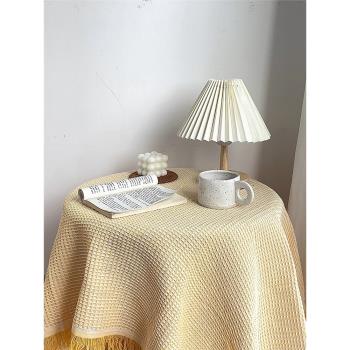 ins復古文藝奶油黃餐桌布裝飾咖啡廳軟裝法式流蘇邊華夫格桌布