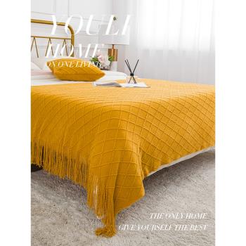 北歐復古菱格毛線毯子黃色針織毯床尾毯床搭沙發毯搭巾床尾巾蓋毯