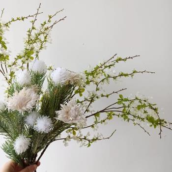 北歐模擬金鵝絨松針花綠植娜娜公主假花高品質裝飾插花擺件輕奢