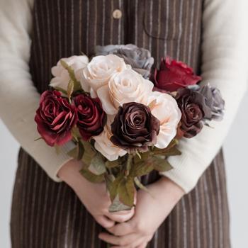 秋色玫瑰仿真花家用客廳裝飾花藝絹花假花造景 婚禮用花 手捧花束