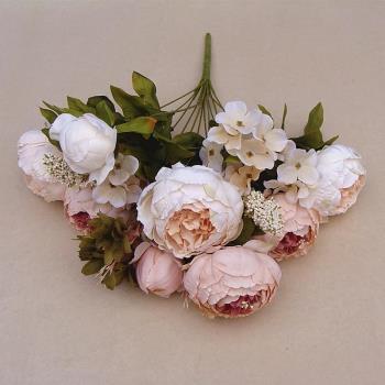 仿真復古牡丹花束歐式包芯玫瑰五色高檔假花家居婚慶裝飾秋色牡丹