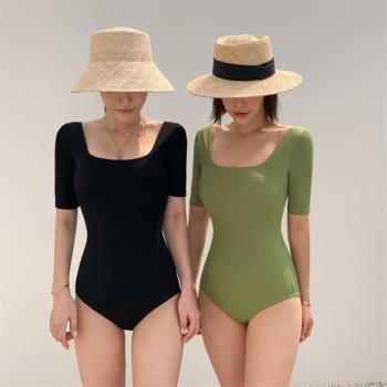 韓國ins遮肚顯瘦女泳衣小胸網紅黑漏背綠連體簡約韓版短袖比基尼