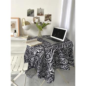 INS韓風斑馬紋黑白撞色桌布個性床頭墊沙發巾百搭軟裝臥室背景布