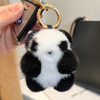 可愛水貂毛小熊貓汽車鑰匙扣掛件毛絨玩偶公仔書包包掛飾生日禮物