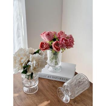 法式復古ins風浮雕高腳玻璃花瓶鮮花仿真花客廳桌面插花裝飾擺件