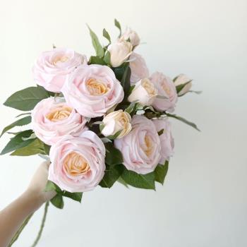 新款粉色仿真保濕手感玫瑰花絹花高端裝飾假花客廳單支花插花擺件