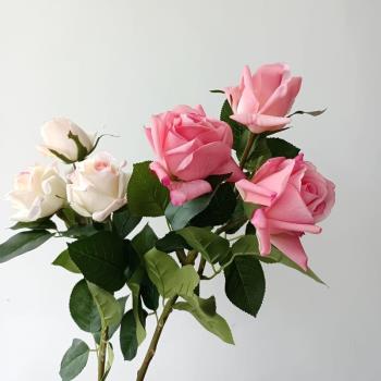 3頭仿真玫瑰花假花高品質手感保濕單支絹插花餐桌婚慶擺放裝飾花