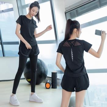 夏季運動套裝女瑜伽服韓式專業健身房時尚晨跑跑步速干衣薄款遮肉