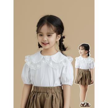 女童T恤森系夏裝新款洋氣娃娃領兒童上衣純棉白色短袖寶寶小女孩