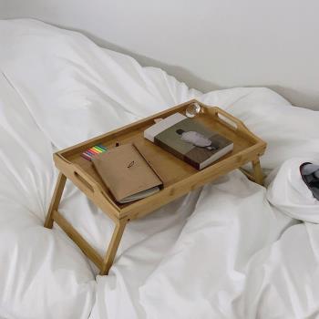 ins韓系竹制餐盤折疊移動床上小桌子月子移動小餐桌飄窗用餐桌