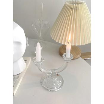 ins歐式玻璃雙頭燭臺家用浪漫簡約蠟燭餐桌桌面裝飾擺件家居拍照