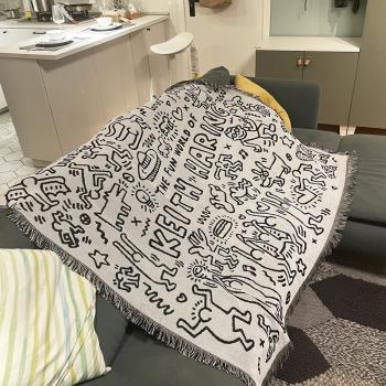 小眾沙發毯凱斯哈林黑白涂鴉大師Keith haring沙發巾編制裝飾掛毯