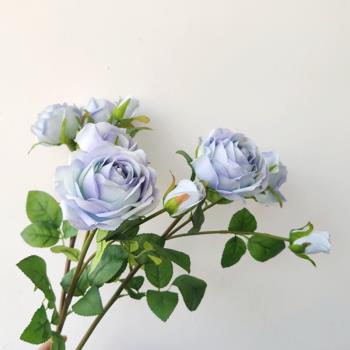 仿真花 3頭玫瑰花 莫蘭迪藍 低飽和度 花藝造景 婚禮裝飾手捧花