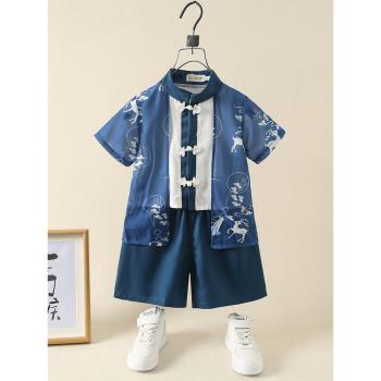漢服男童夏裝中國風短袖套裝兒童唐裝夏季寶寶禮服男孩中式演出服