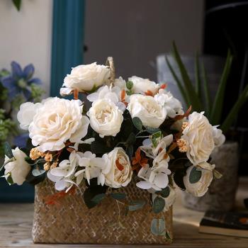 復古秋色油畫白色玫瑰仿真花客廳裝飾花假花絹花仿真花花藝擺