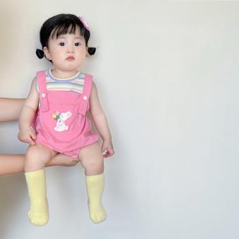 嬰兒夏裝衣服女寶寶洋氣背帶褲套裝可愛超萌連體衣兩件套夏季薄款